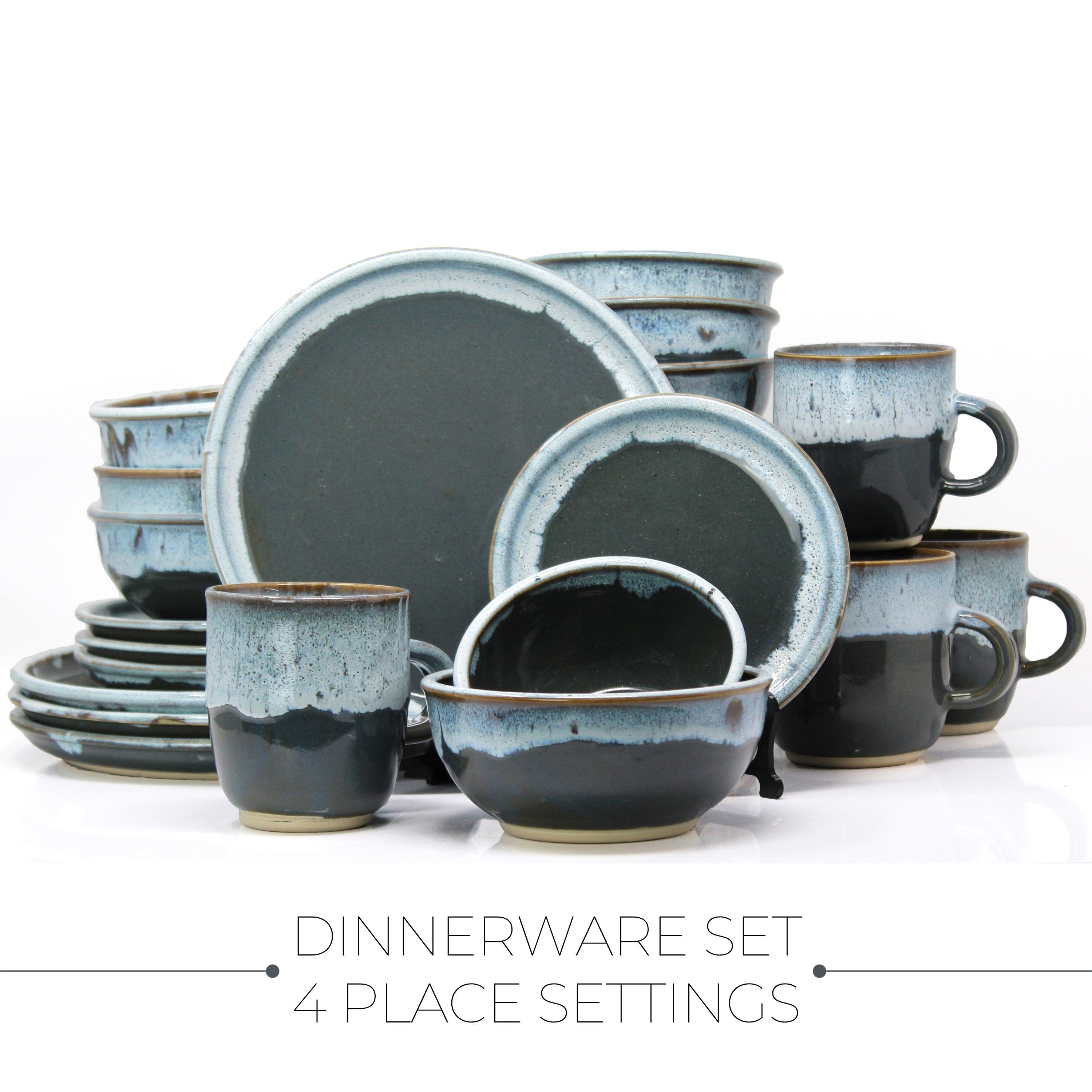 Dinnerware Set for 12, Ceramic Black Dinner Set, Stoneware Dish Set,  Handmade Full Table Setting, 3 Piece Set Rustic Pottery 