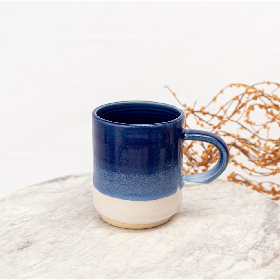 Dripped Blue Stoneware Mug With Handle, Stoneware Coffee Mug, Pottery –  Hands and fire