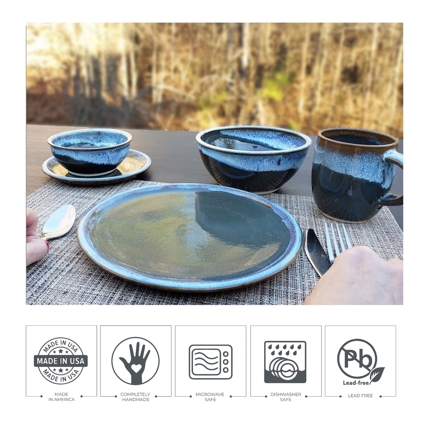 Blue Stoneware Dinnerware Set, Pottery Dinnerware Set Rustic, Dinnerware Set Stoneware, Handmade Dish Set Pottery, Blue Dishes Set