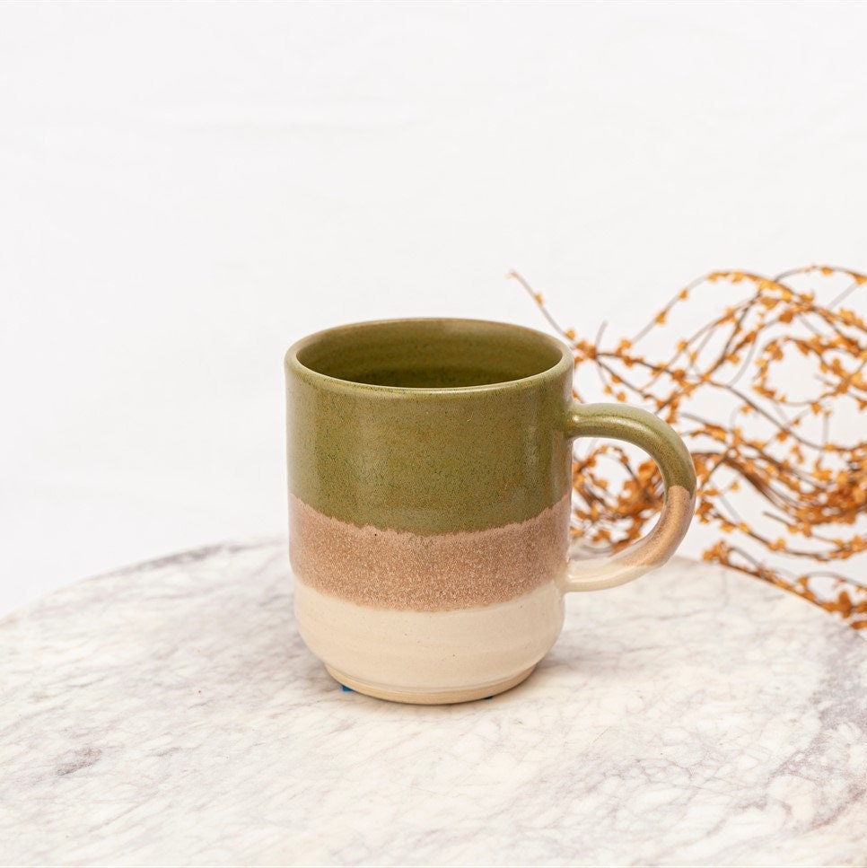 Green  Tricolor Stoneware Mug With Handle, Stoneware Coffee Mug, Pottery Mug Handmade, Modern Mug, Handmade Pottery Mug. Stoneware Tea Mug