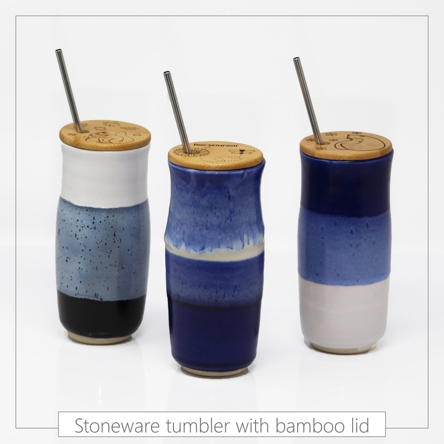 Animal Handmade Ceramic Tumbler with Lid, , Stoneware Tumbler Set with Bamboo Engraved Lid, Eco friendly Tumbler, Ecofriendly Gift.